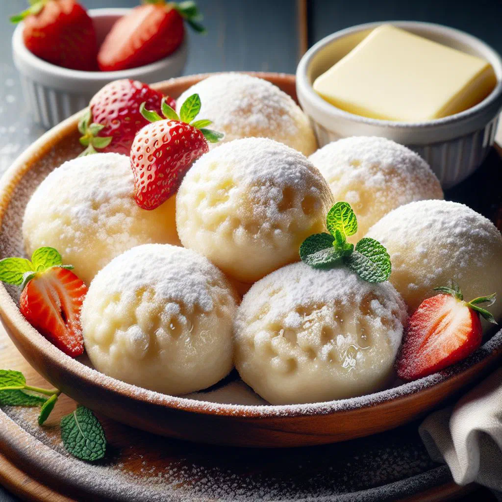 Soft Czech quark dumplings dusted with sugar and served warm