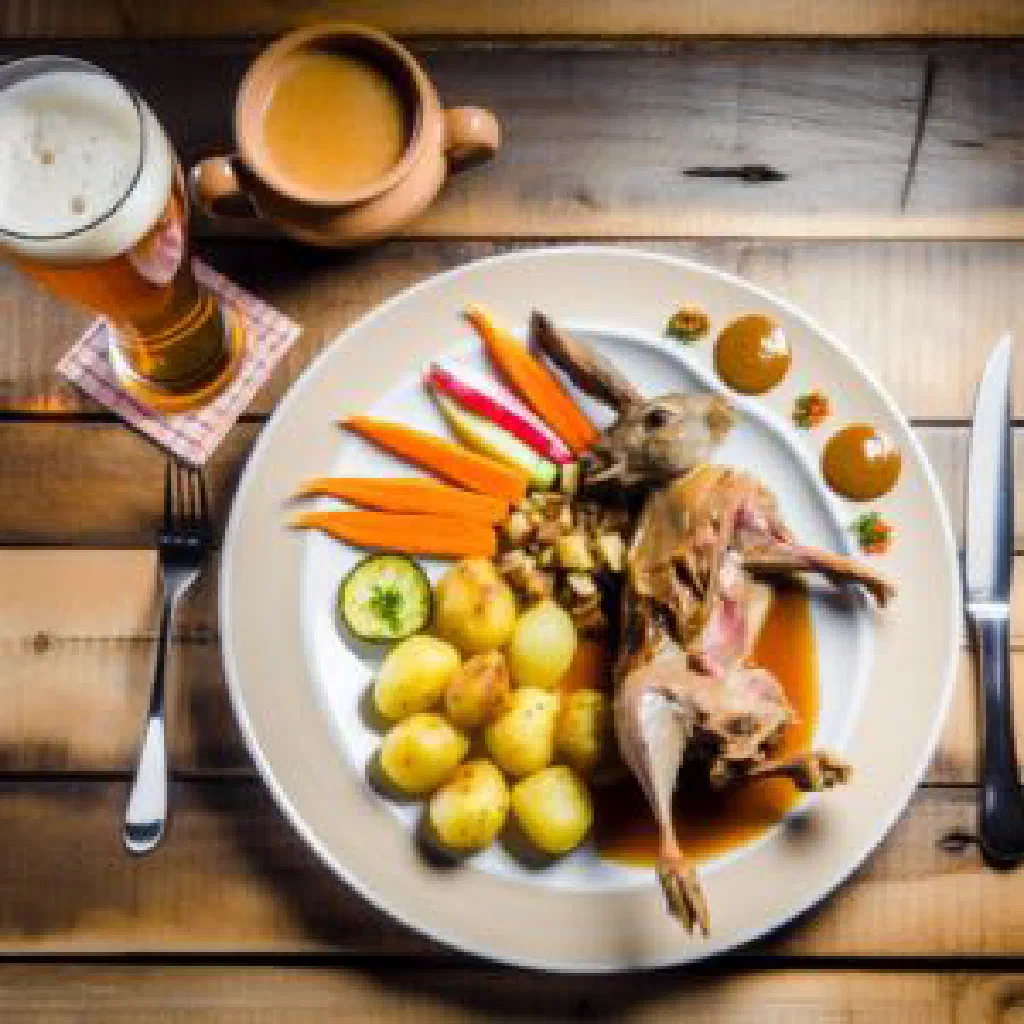 Golden roast rabbit with herbs on a rustic serving board
