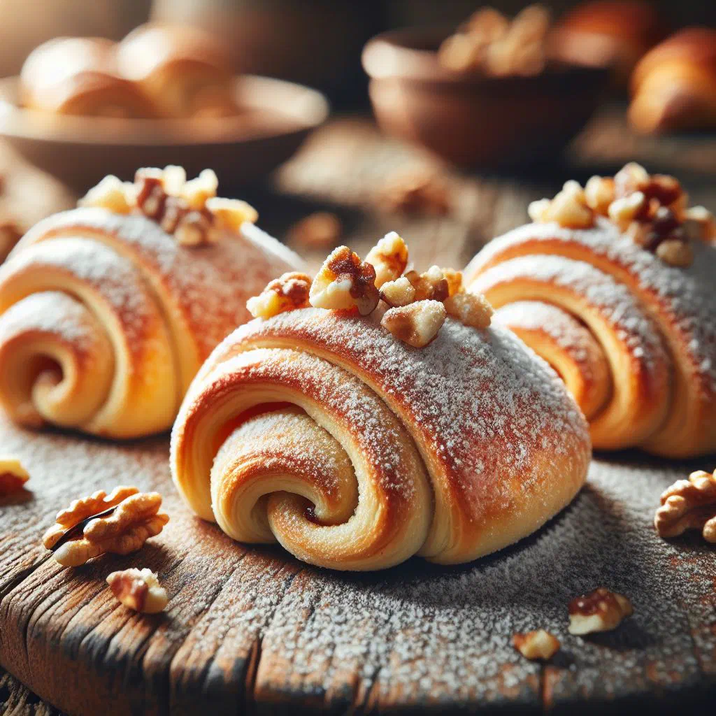Czech nut crescents dusted with icing sugar on a plate