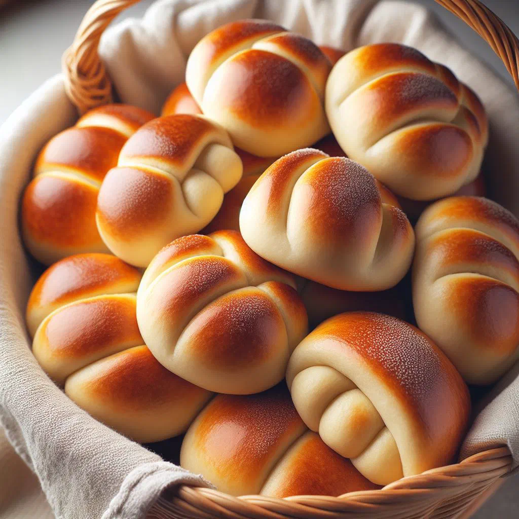 Freshly baked Czech rohlíky bread rolls with a golden, crusty top