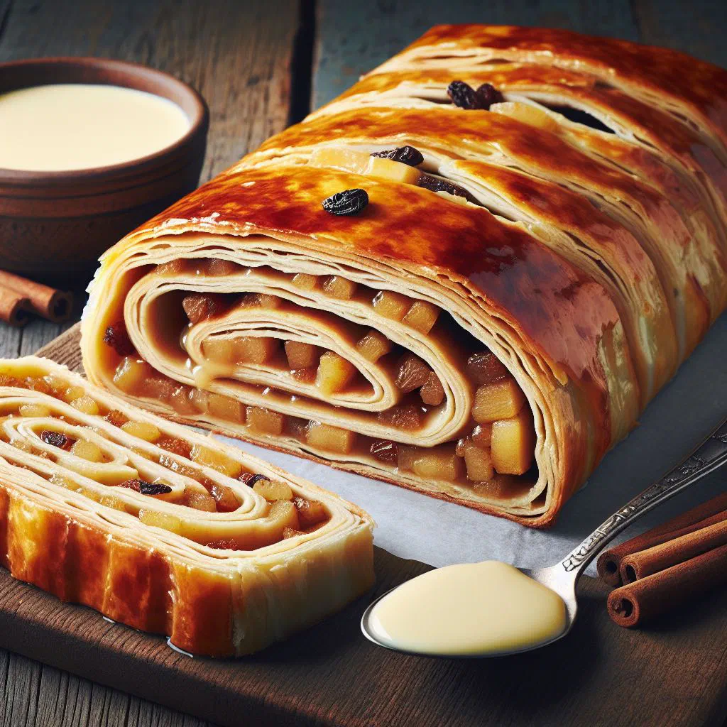 Golden Czech apple strudel dusted with icing sugar and sliced on a plate