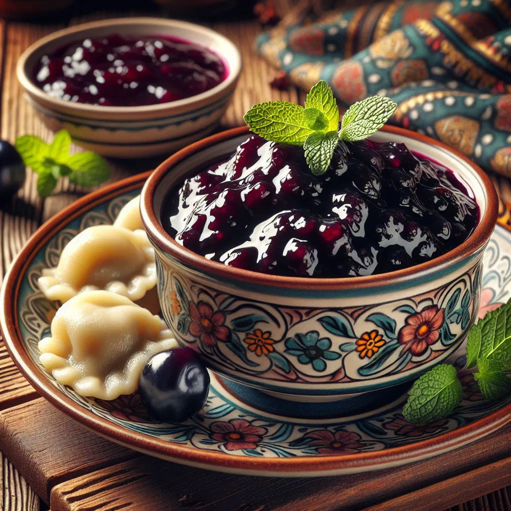 Rich dark plum sauce in a bowl, ready to serve with roast meat