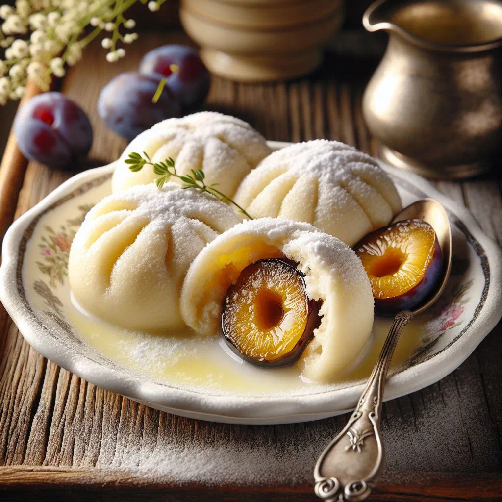 Czech plum dumplings dusted with sugar and drizzled with melted butter
