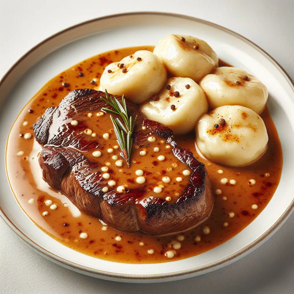 Sliced beef in creamy svíčková sauce served with soft bread dumplings