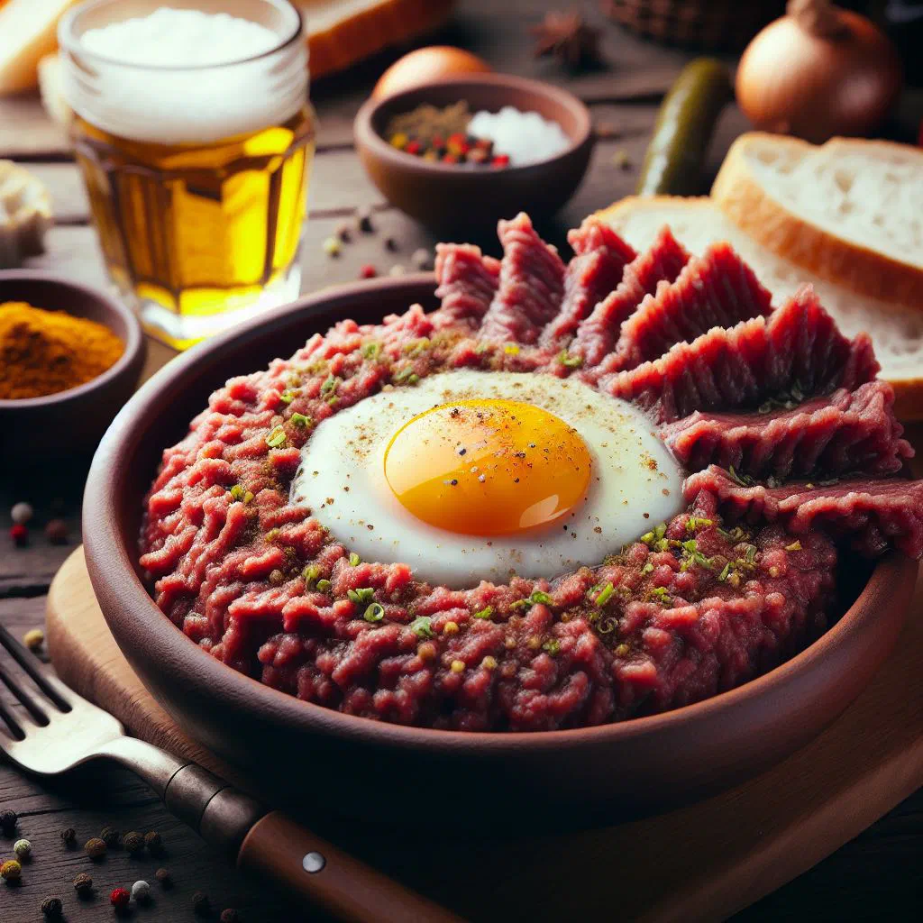 Czech tatarák of seasoned raw beef topped with an egg yolk, served with crisp bread