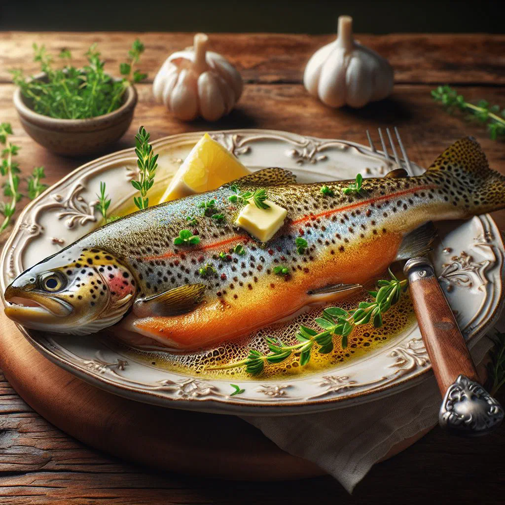 Pan-fried trout fillets glazed with butter, lemon and fresh parsley