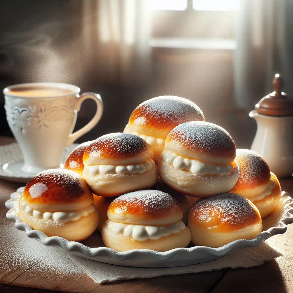 Soft baked curd cheese buns dusted with icing sugar and cinnamon
