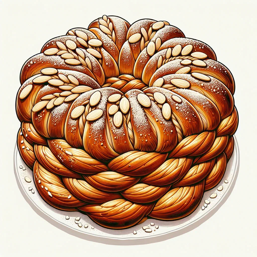 Braided Czech vánočka Christmas bread dusted with icing sugar and studded with almonds