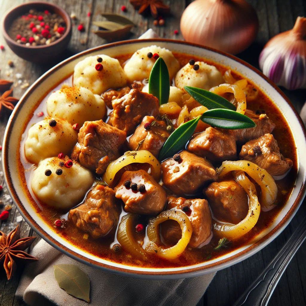Bowl of Czech pork goulash with paprika sauce and fresh bread