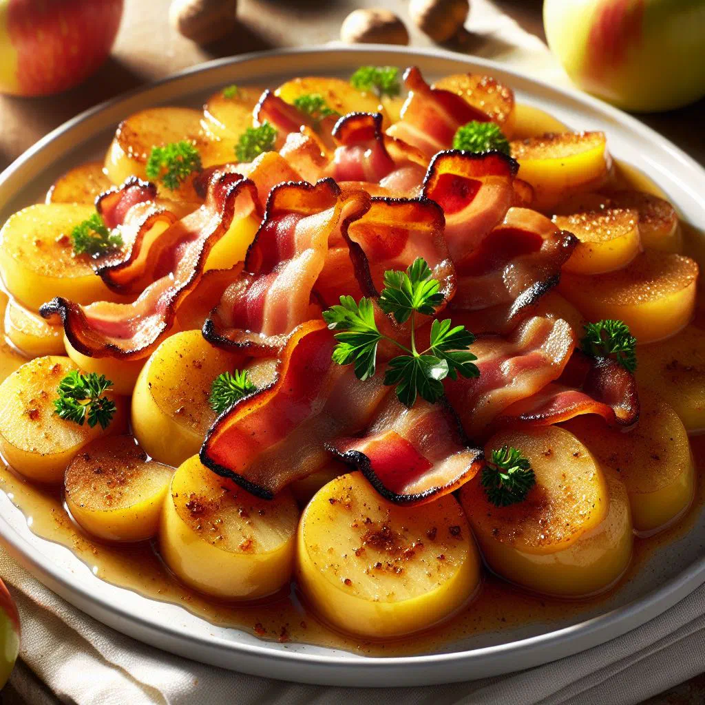Crispy pork belly with caramelised apple slices in a pan