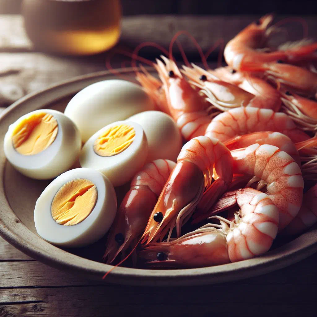 Halved boiled eggs topped with pink prawns and fresh dill