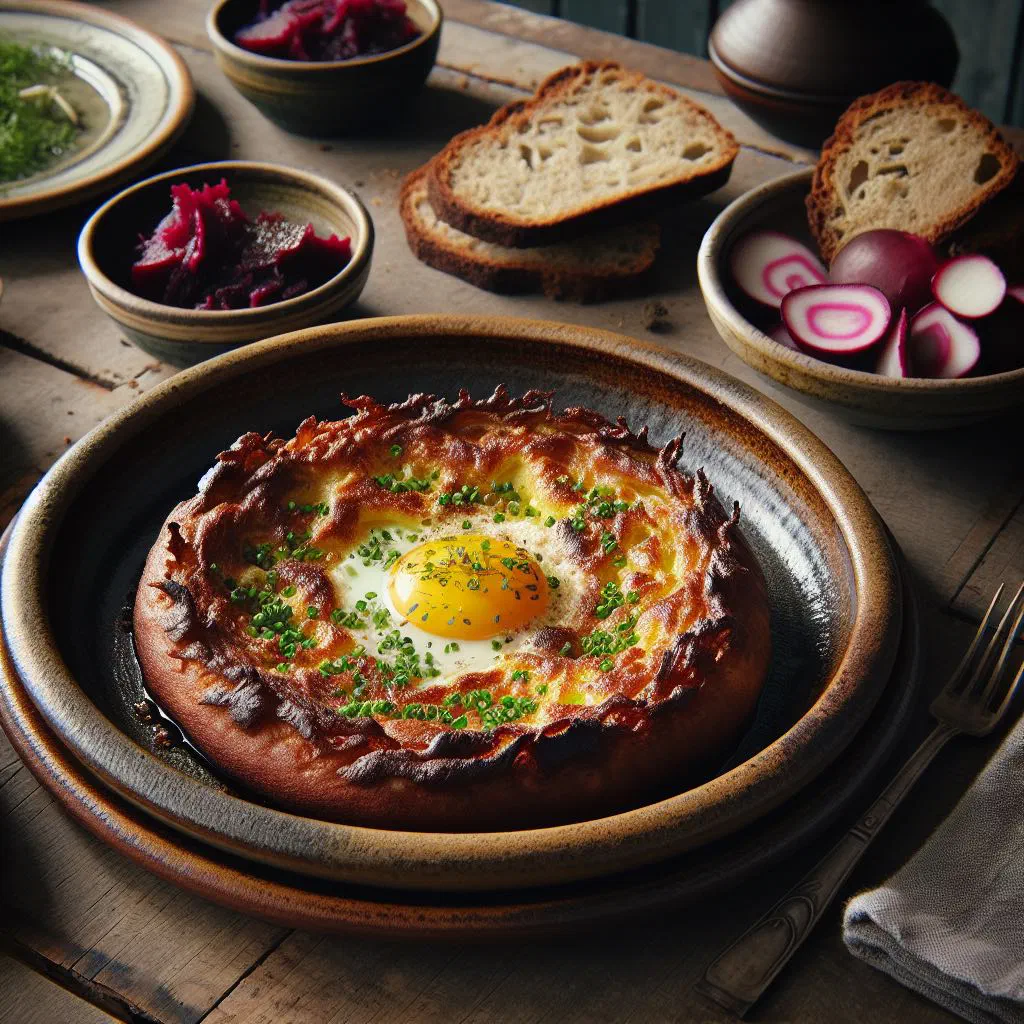 Golden baked Danish æggekage in a pan, topped with fresh herbs