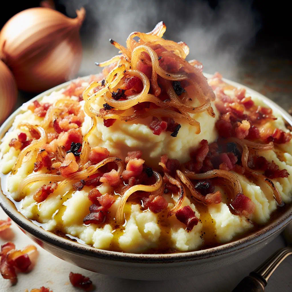 Creamy mashed potatoes topped with crispy bacon and golden fried onions