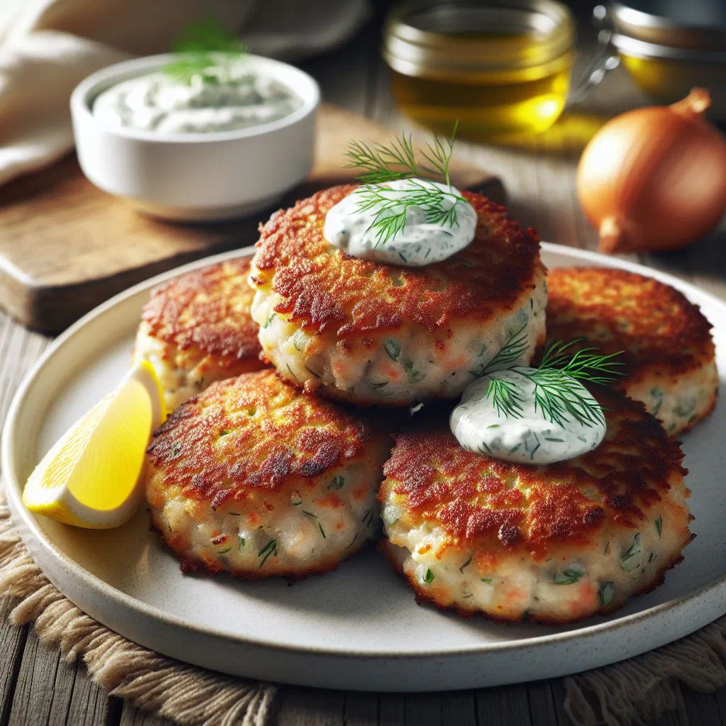Golden pan-fried Danish fish cakes served with remoulade and lemon