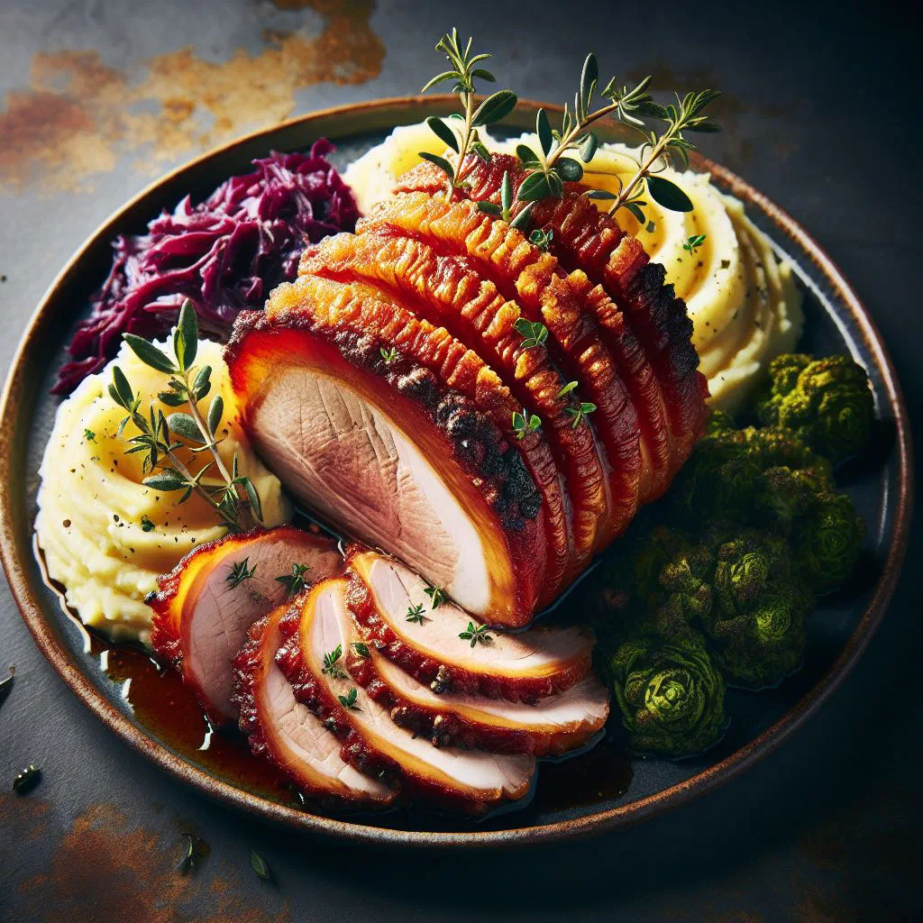 Danish roast pork with golden crackling, sliced and served with red cabbage