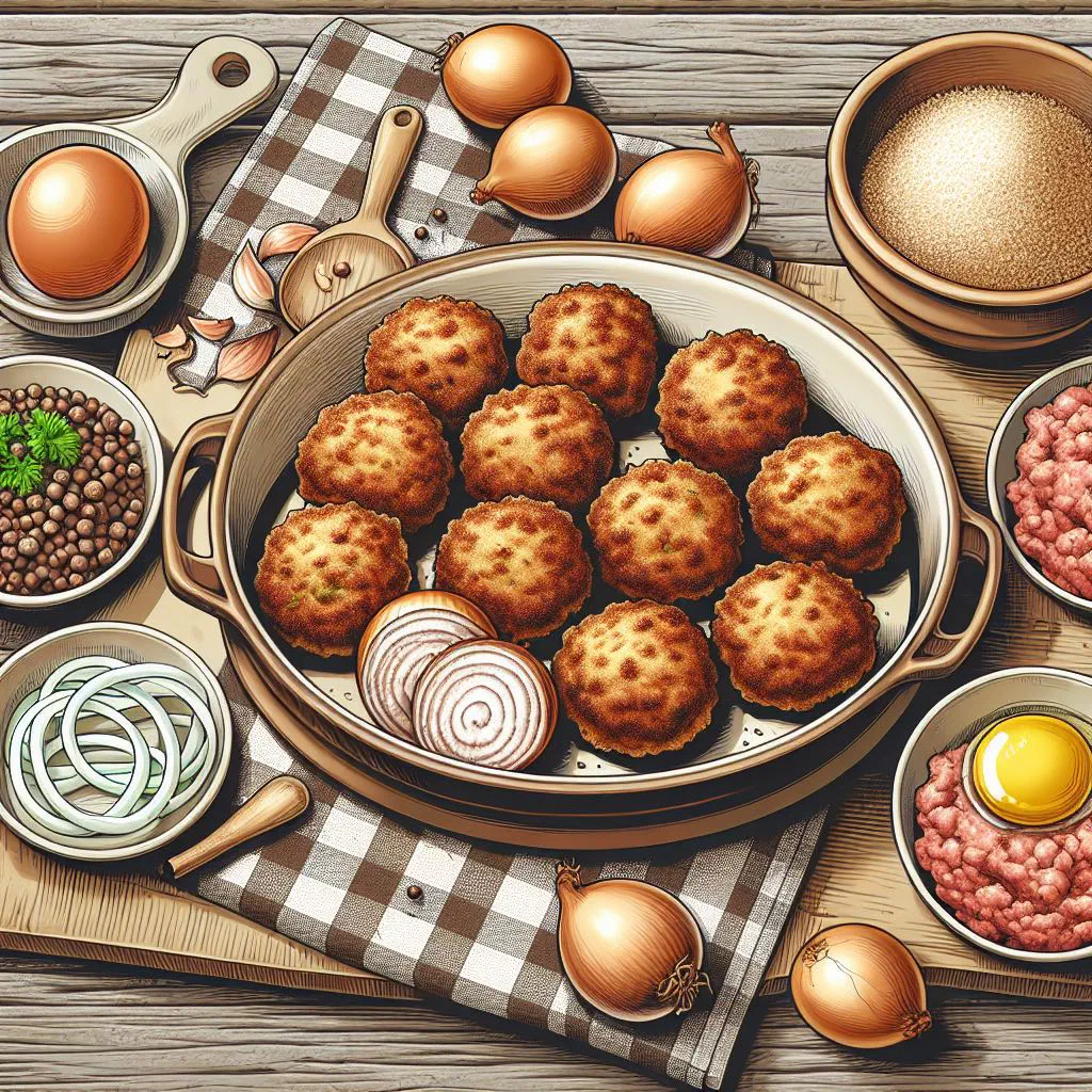 Golden-brown Danish frikadeller meatballs served with potatoes and gravy