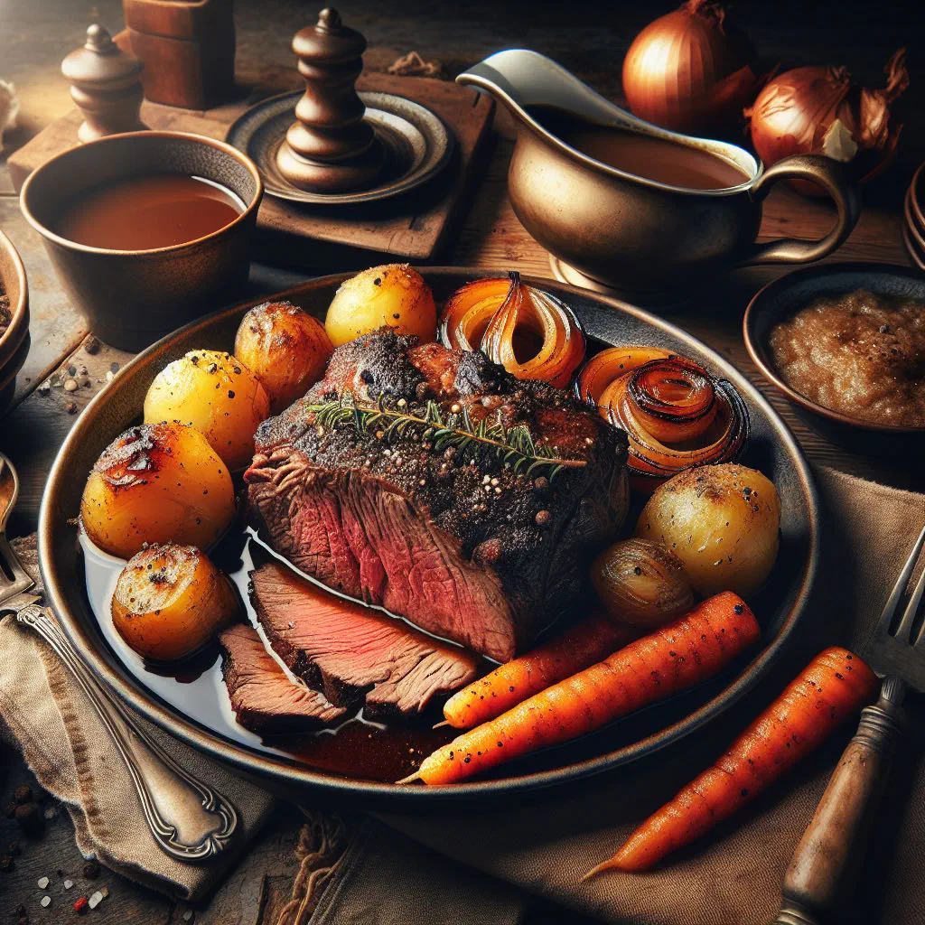 Slow-braised Danish beef roast with carrots, potatoes and rich gravy