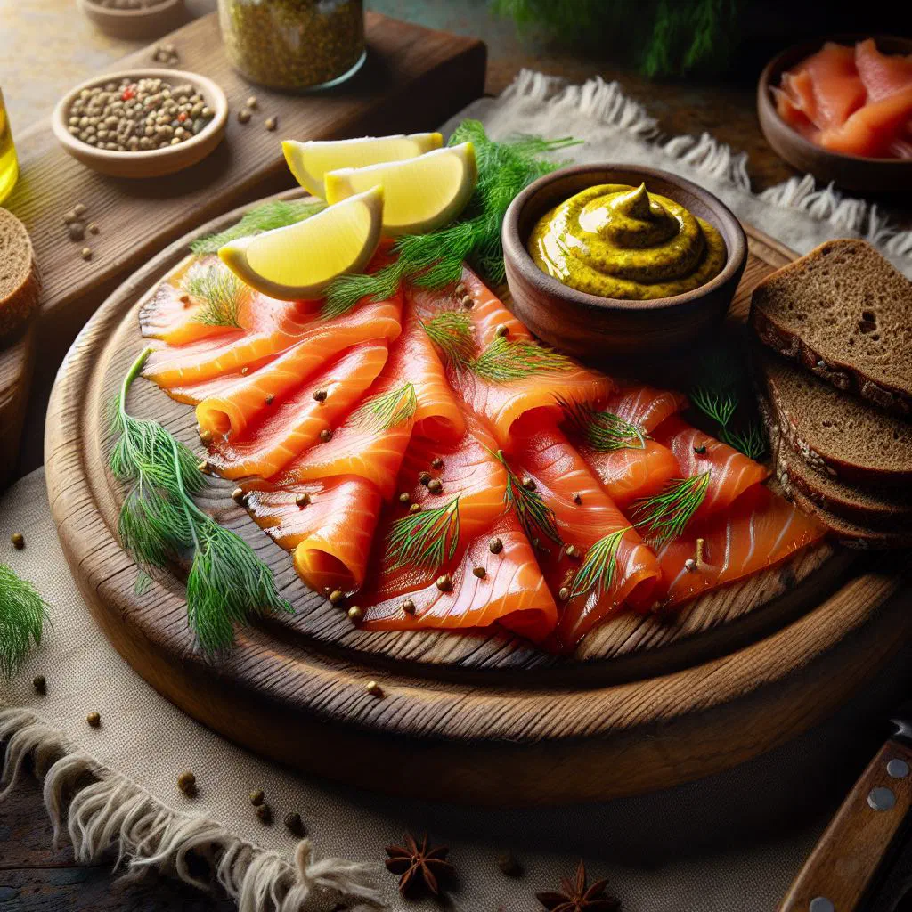 Thinly sliced cured salmon with fresh dill and lemon on a wooden board