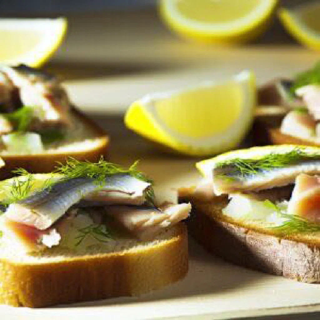 Danish herring open sandwich on rye bread with red onion and dill