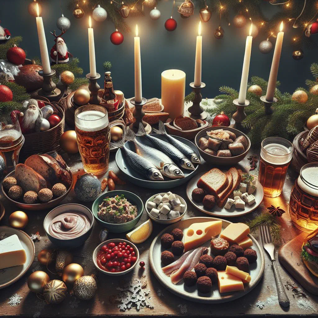 Danish julefrokost spread with rye bread, liver pâté, pickled herring and mulled gløgg