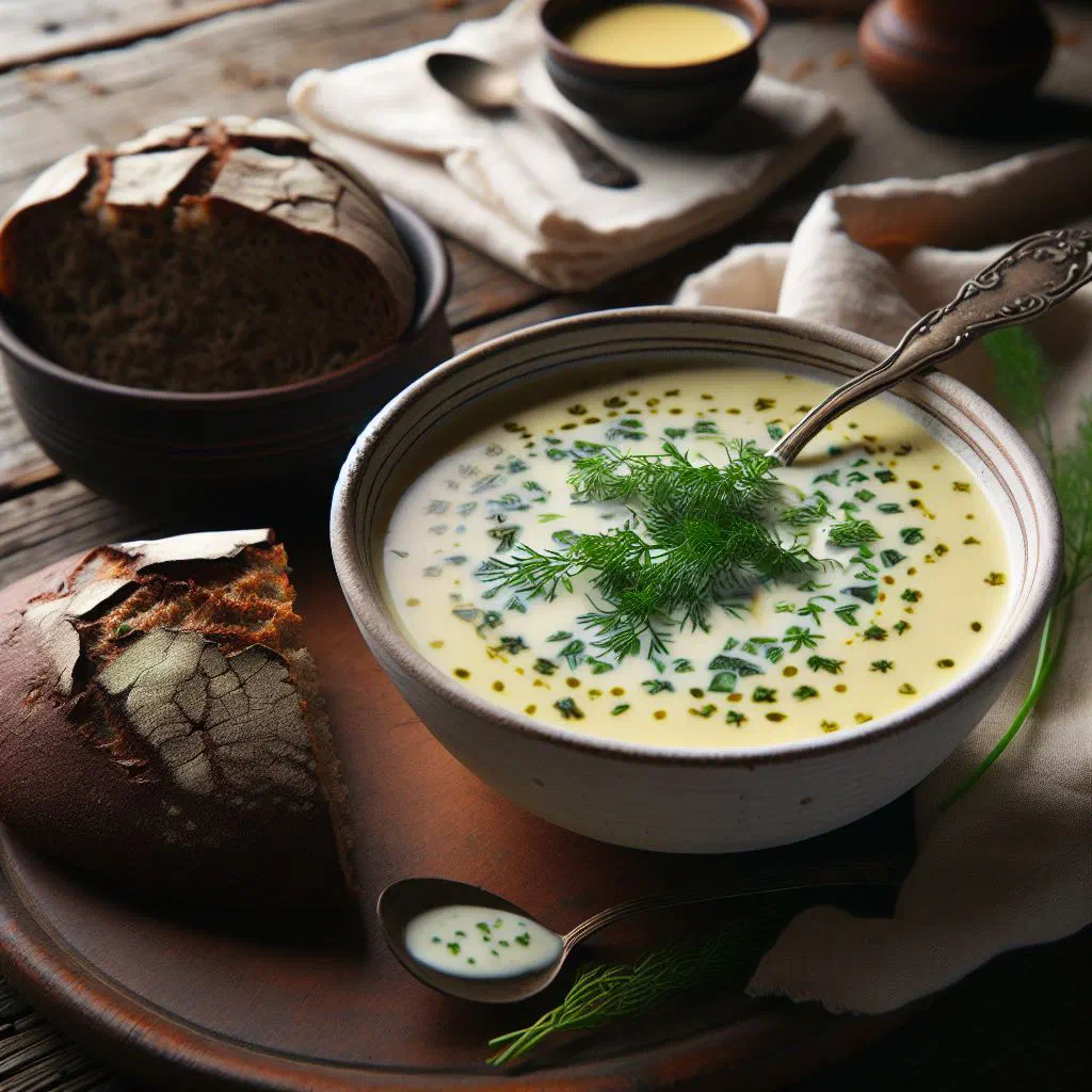 Chilled Danish buttermilk soup in a bowl topped with fresh berries