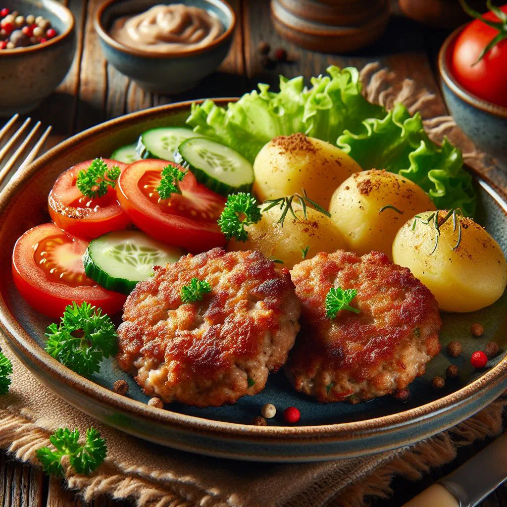 Golden-brown Danish karbonader patties in a frying pan with parsley
