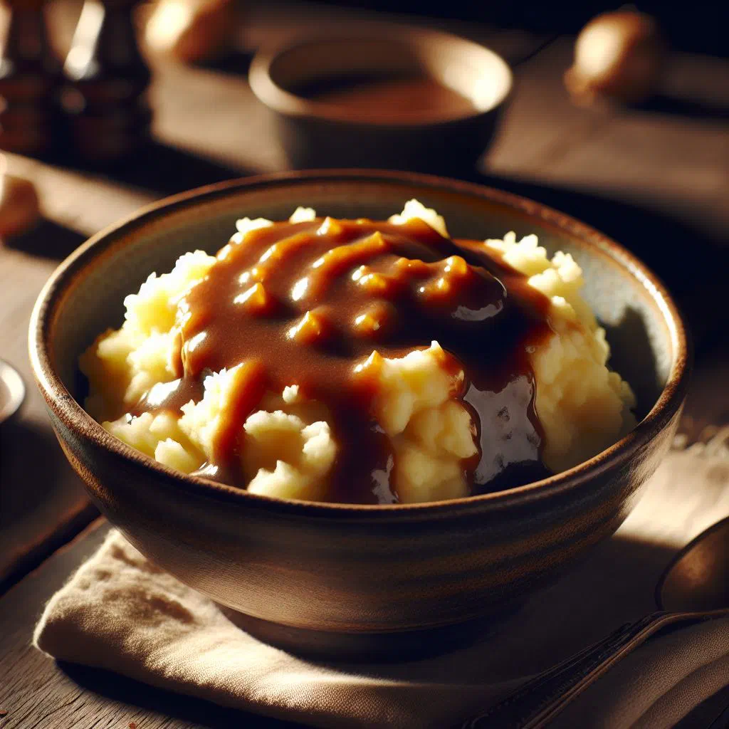 Creamy Danish mashed potatoes topped with rich brown gravy