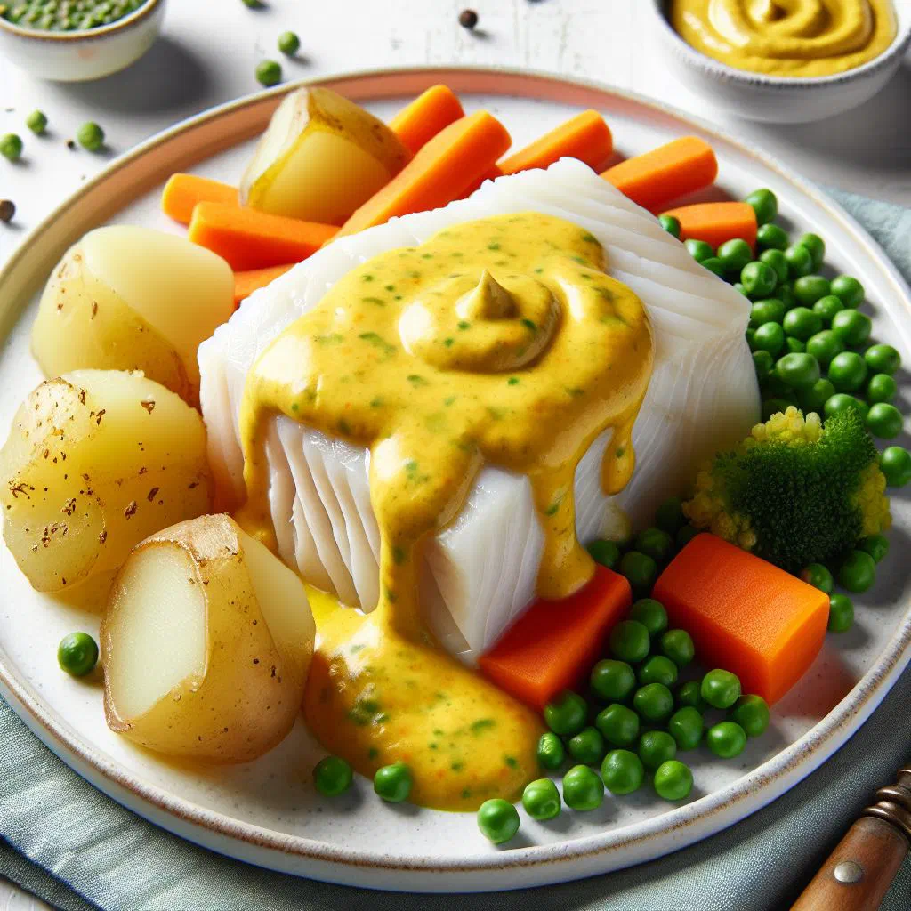 Poached cod fillet under creamy mustard sauce, garnished with fresh dill