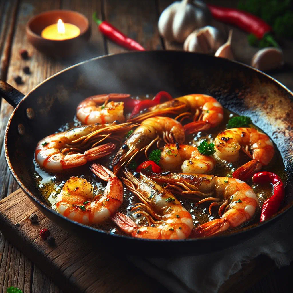 Pan-fried prawns with garlic and paprika, garnished with fresh parsley