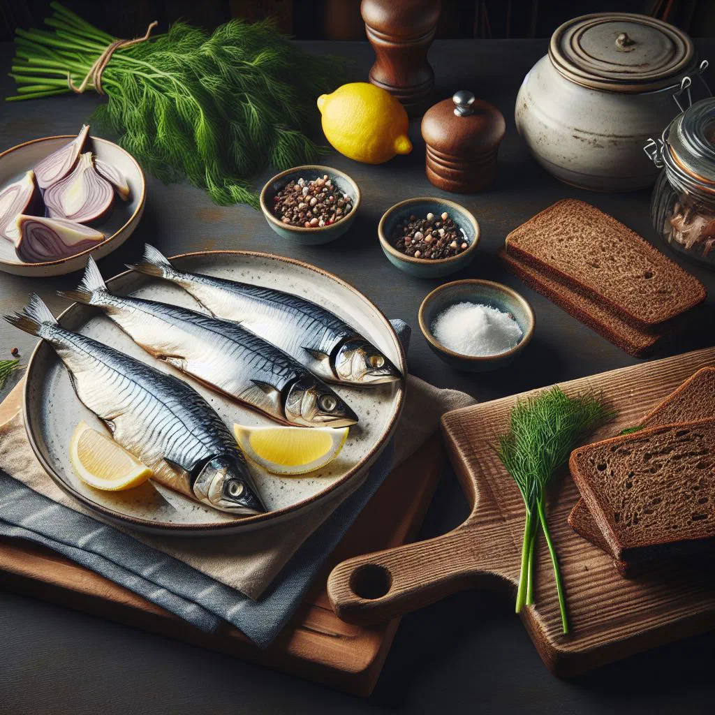 Smoked herring fillets with onion rings, mustard sauce and rye bread
