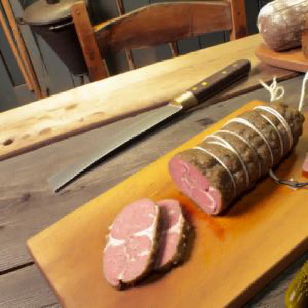 Thin slices of Danish rullepølse arranged on a wooden board with fresh herbs