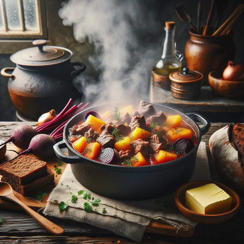 Bowl of Danish skipperlabskovs beef and potato stew garnished with parsley
