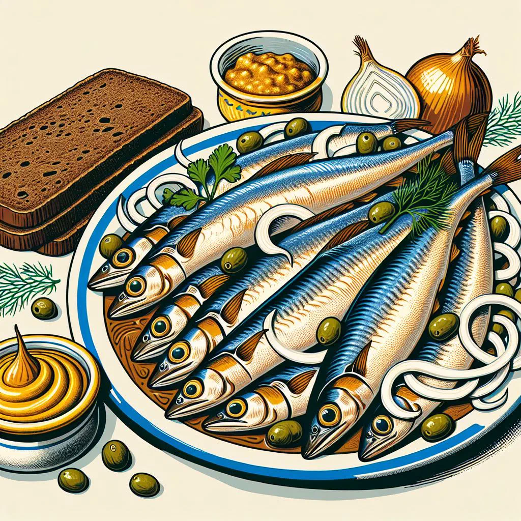 Pickled herring fillets with onion rings on dark rye bread