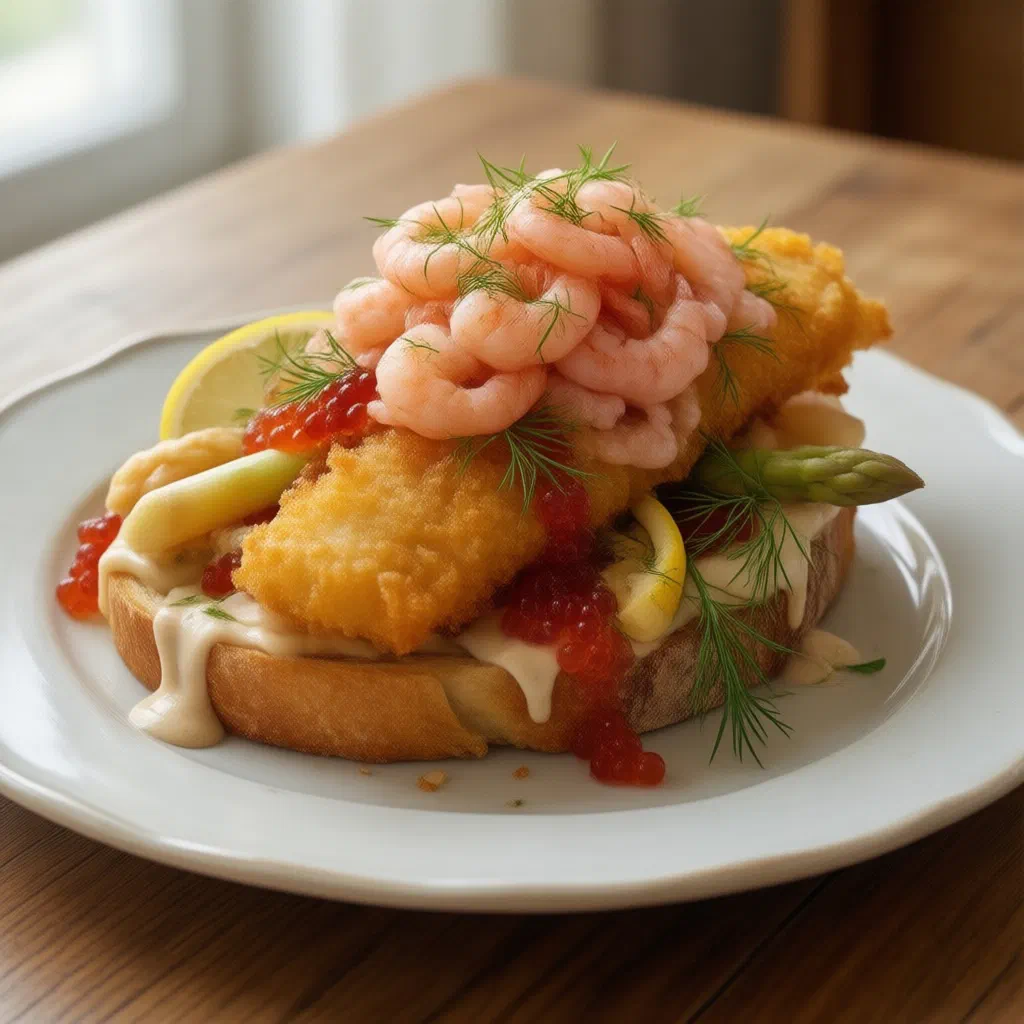 Danish stjerneskud open sandwich with fried fish, prawns and remoulade