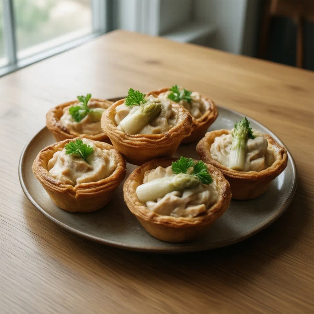 Crisp puff pastry cases filled with creamy chicken and asparagus, garnished with fresh herbs