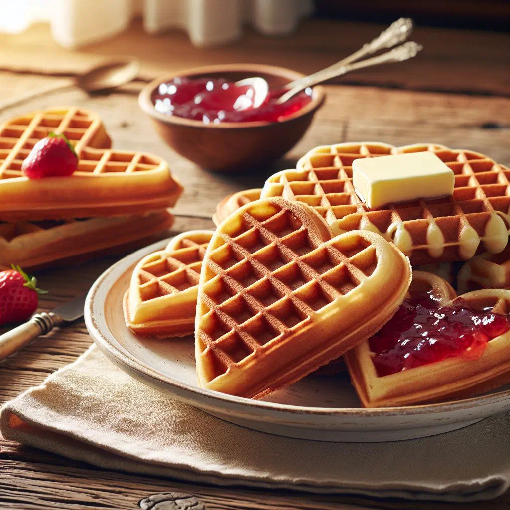 Golden Danish vafler waffles topped with fresh berries and cream