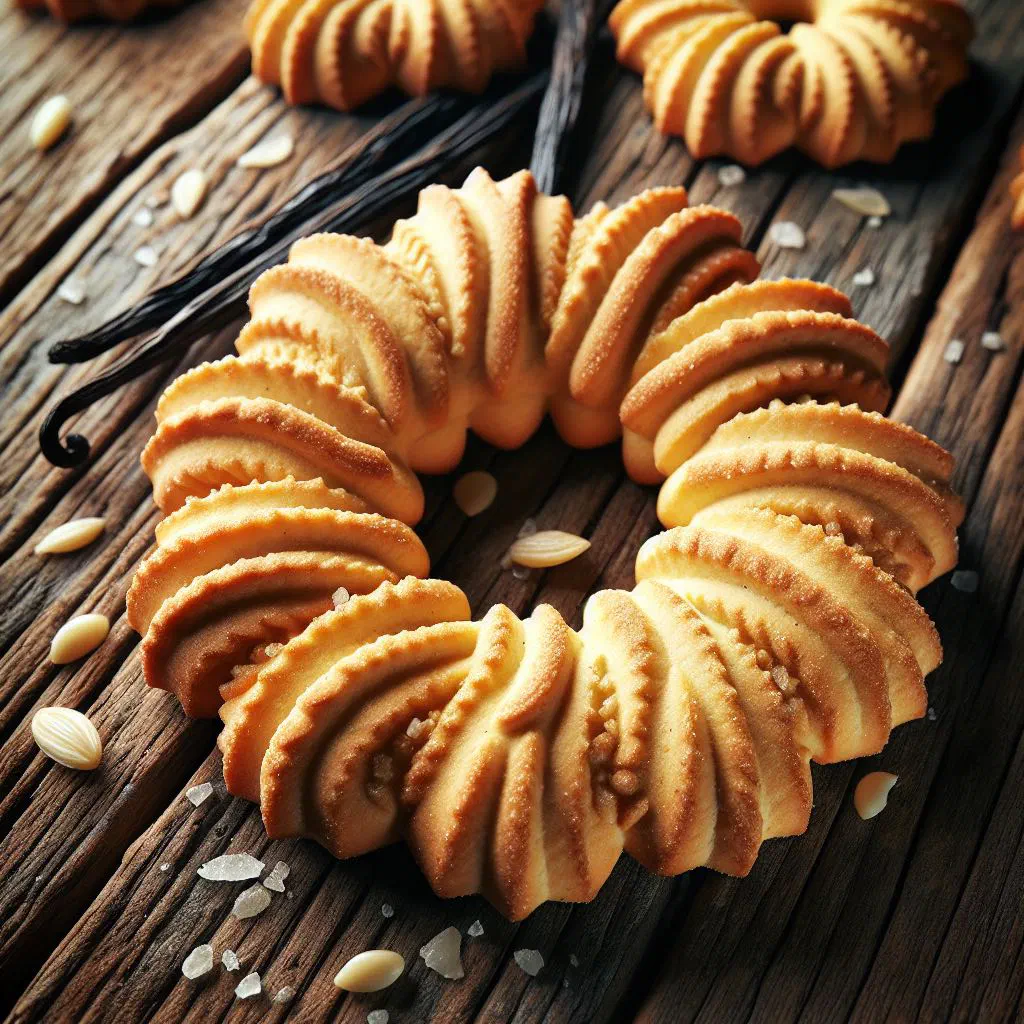 Ring-shaped Danish vanilla biscuits cooling on a wire rack