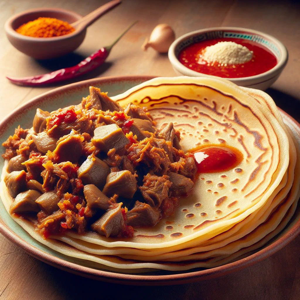 Soft anjero flatbread topped with spiced suqaar meat