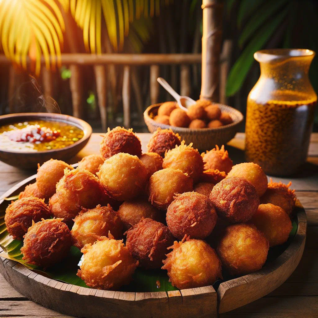Golden fried bajiya fritters served with fresh herbs and lemon wedges