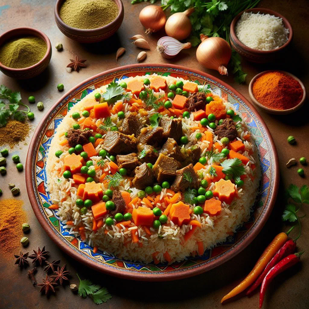Bariis Iskukaris, a fragrant spiced rice dish with meat and vegetables, garnished with fresh herbs