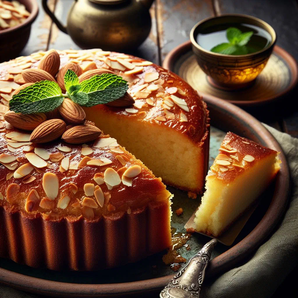Diamond-cut squares of golden basbousa topped with almonds