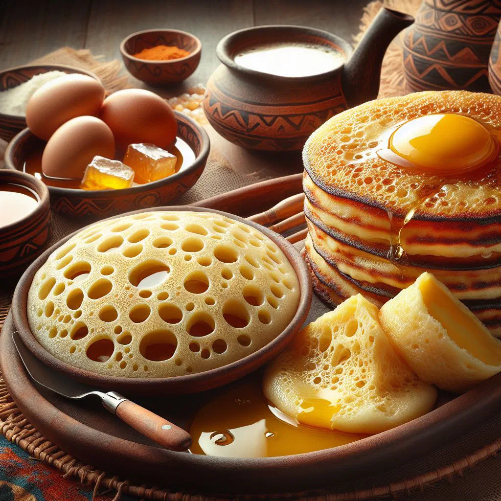 Soft fermented canjeero flatbread served with dips