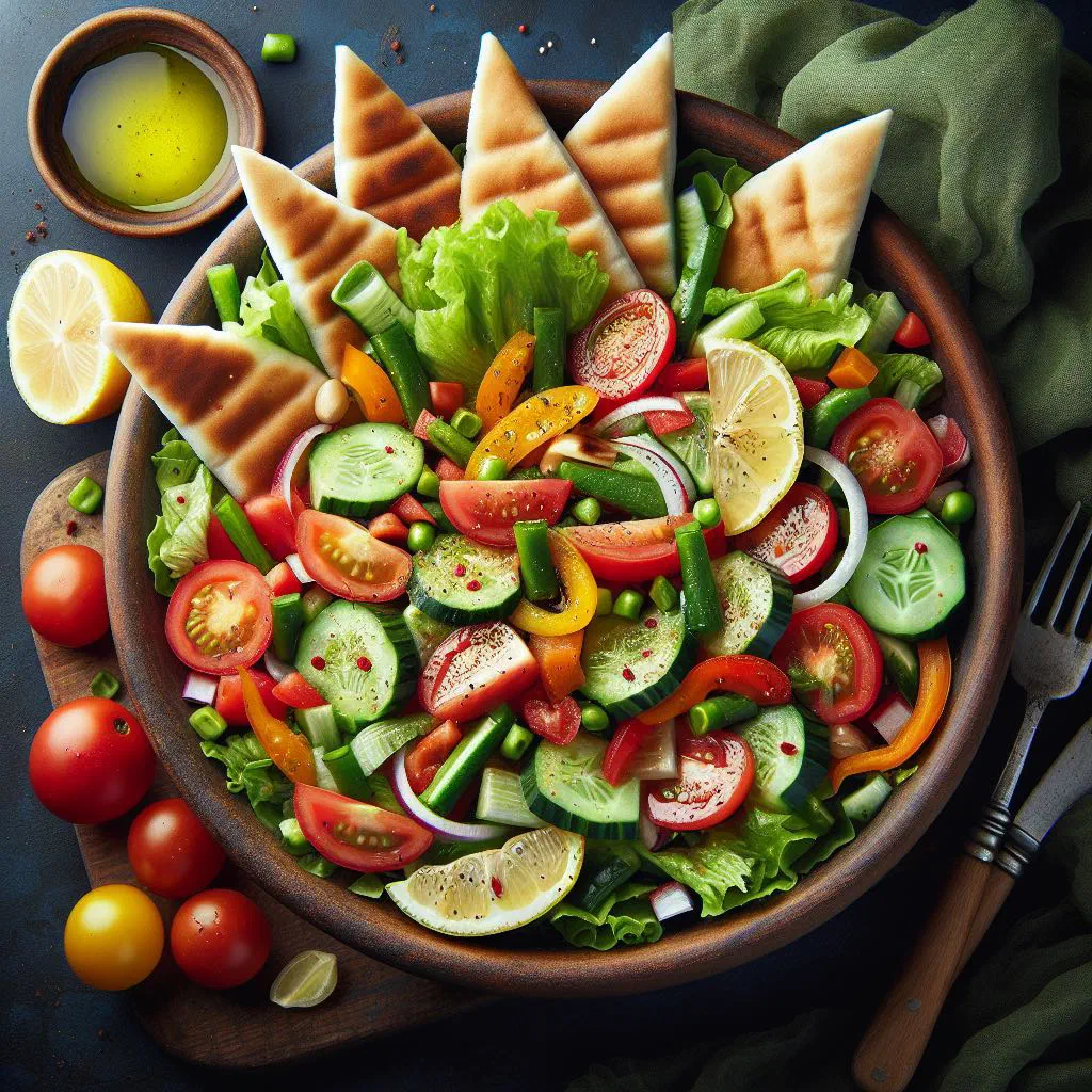 Fattoush salad with crisp vegetables, herbs and toasted flatbread