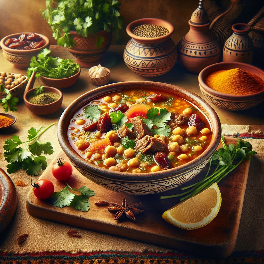 A bowl of Djiboutian harira soup with lentils, chickpeas and fresh herbs