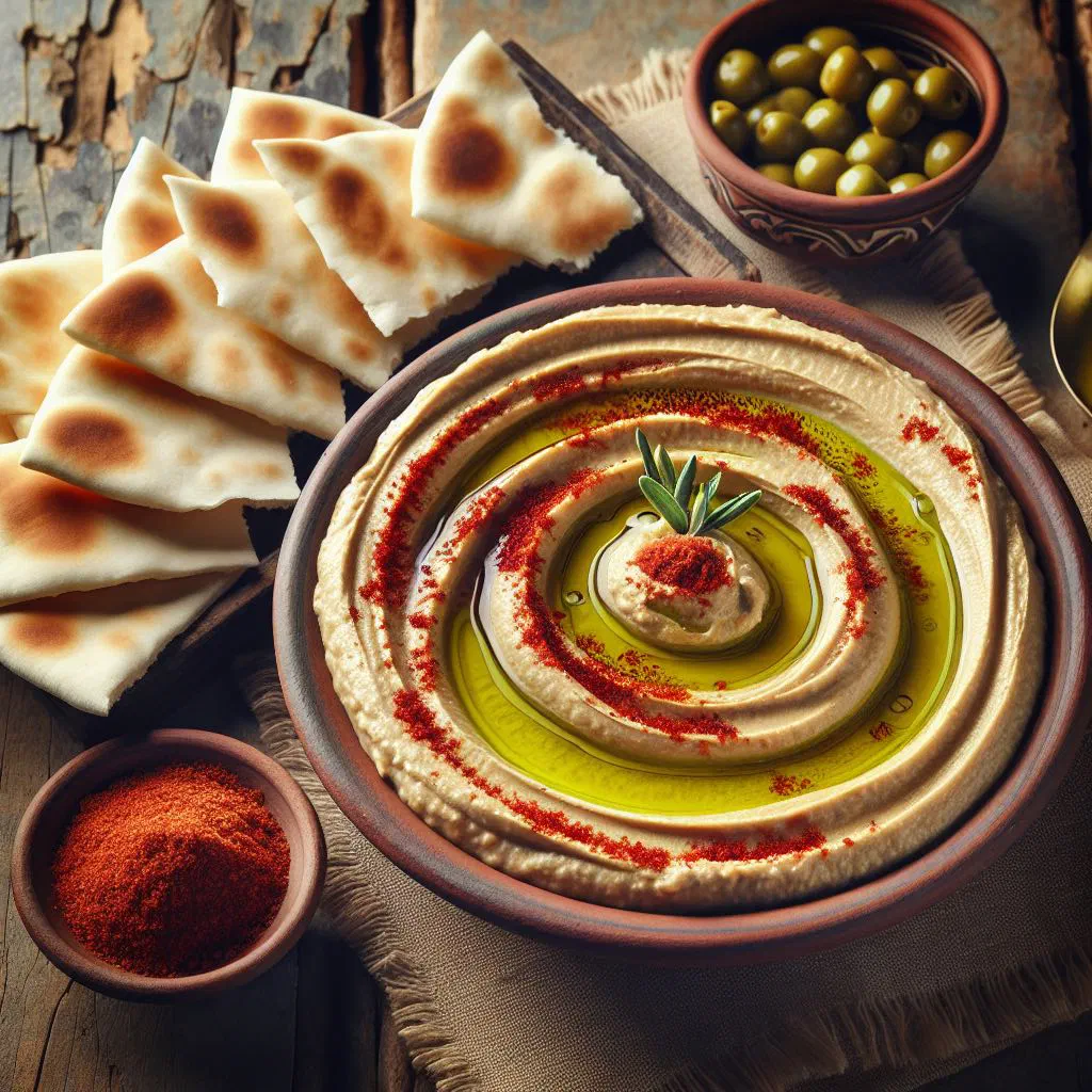 Creamy hummus drizzled with olive oil and dusted with paprika