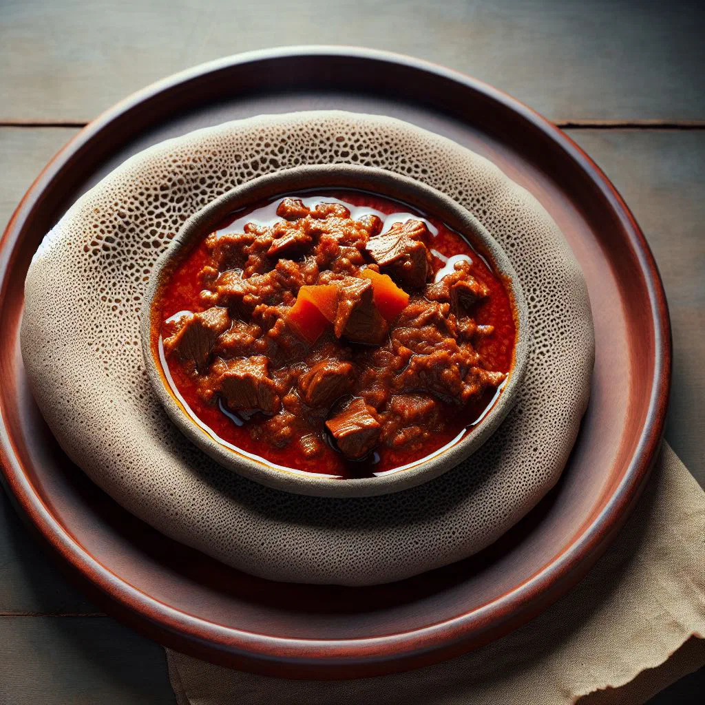 Injera flatbread topped with a spicy Zigni beef sauce