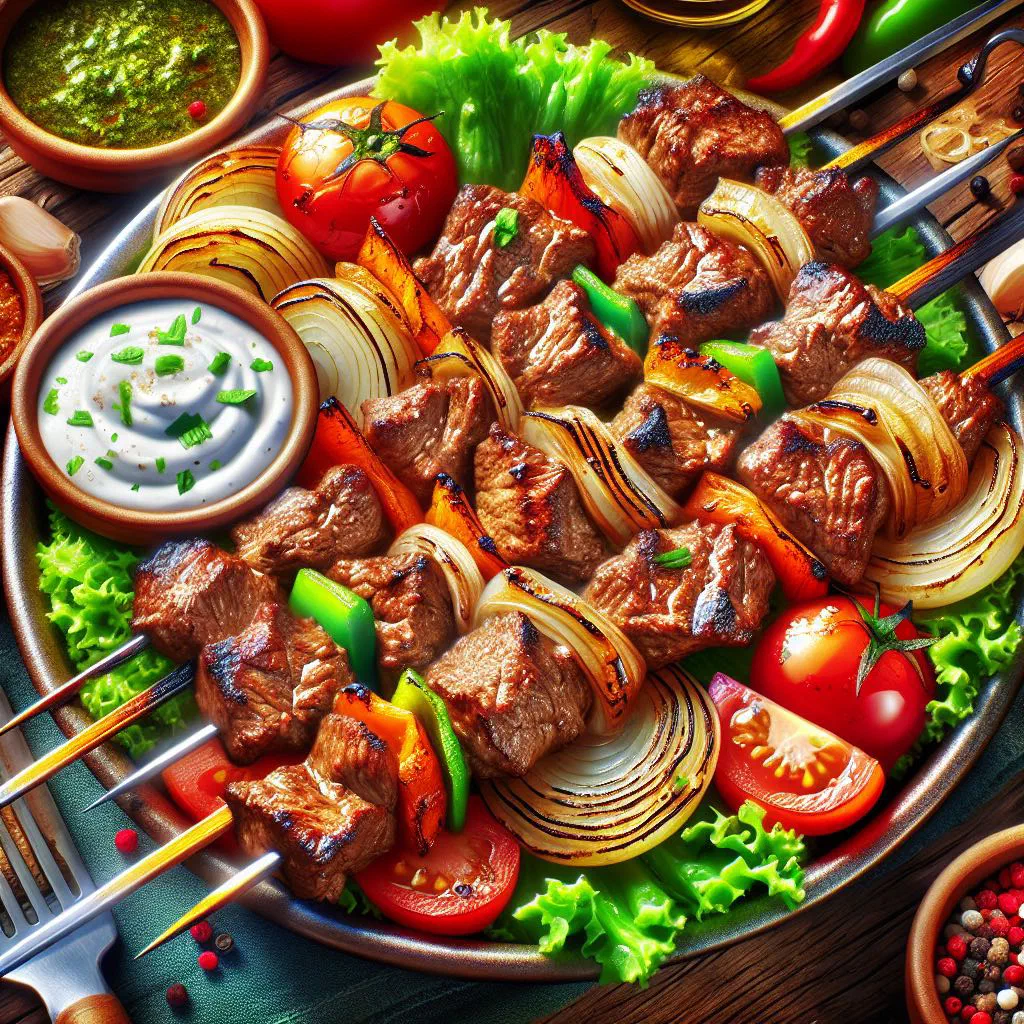 Grilled kabaab skewers garnished with fresh herbs on a platter