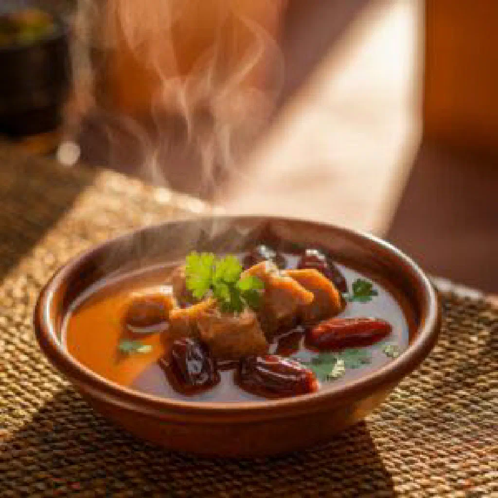 A bowl of Maraq Cad soup with tender meat, vegetables and fresh coriander