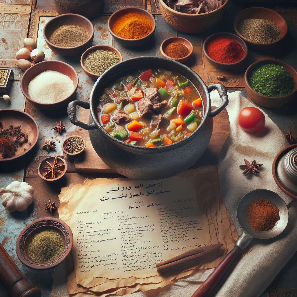 A bowl of Djiboutian shurba soup with meat, vegetables and fresh herbs