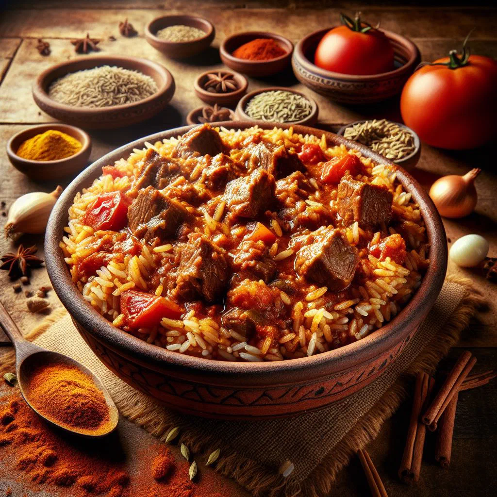 Skoudehkaris — spiced lamb and rice garnished with tomato and coriander